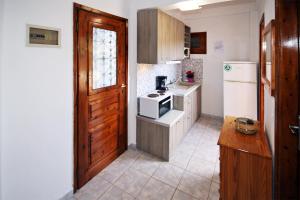 a kitchen with a white refrigerator and a microwave at Villa Angela in Vourvourou