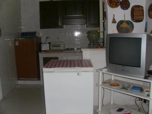een keuken met een kleine koelkast en een televisie bij Villetta Mare e Terme in Castellammare del Golfo