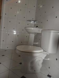 a bathroom with a white toilet and a sink at Pousada Recanto Verde in Mucugê