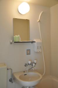 a bathroom with a sink and a mirror at Silk Hotel in Ichinomiya