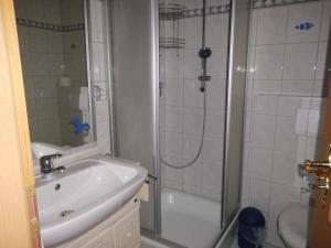 ein Bad mit einer Dusche, einem Waschbecken und einem WC in der Unterkunft Schwaigerhof in Grassau
