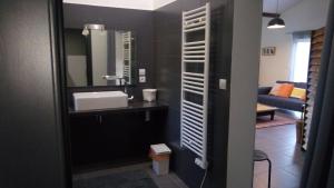uma casa de banho com um lavatório e um espelho em Gîte La Malonière em Saint-Martin-du-Bois