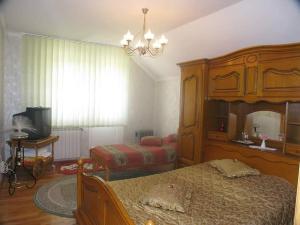 a bedroom with two beds and a chandelier at Vila Vlad in Târgu Neamț