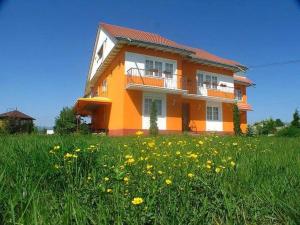 an orange and white house in a field of flowers at Vila Vlad in Târgu Neamț