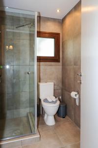 a bathroom with a toilet and a glass shower at Kissos Apartments in Vourvourou