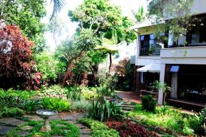 un jardin en face d'un bâtiment avec un bain d'oiseaux dans l'établissement Oliveroom Self Catering and B&B, à Durban