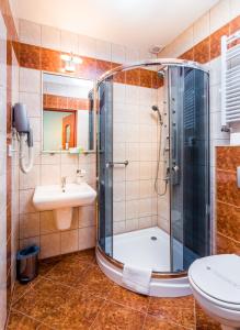 Un baño con ducha, lavabo e inodoro. en Hotel City SM Business & Spa, en Cracovia