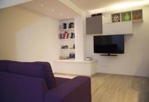 sala de estar con sofá y TV de pantalla plana en U' Vascio - Centro Storico, en Castellabate