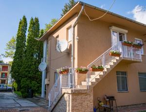 a building with stairs and potted plants on it at Pelso Apartman in Siófok