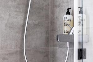 una doccia con soffione e una bottiglia di sapone di Hotel Schwarzwälder Hof a Friburgo in Brisgovia