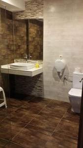 La salle de bains est pourvue d'un lavabo et de toilettes. dans l'établissement Albergue Ultreia, à Arzúa