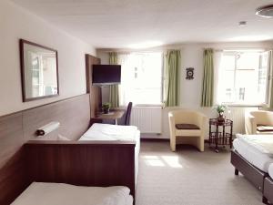 een hotelkamer met twee bedden en een tv bij Hotel Garni Goldene Traube in Bad Windsheim +29 foto's