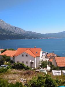 een huis met oranje daken naast een waterlichaam bij Rooms Katica in Korčula