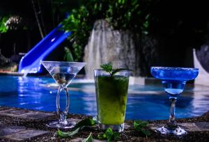 dos vasos de martini sentados en una mesa junto a una piscina en Eco Hostal Yuluka en El Zaino