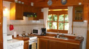 Una cocina con fregadero, estufa y microondas. en Las Bahías, en Villa La Angostura