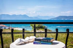 a table with books and a view of the ocean at Ulrika in Egina