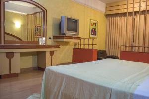 Pokój z łóżkiem, telewizorem i lustrem w obiekcie Autohotel Ilussion w mieście Kordoba