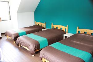 - 3 lits dans une chambre aux murs verts dans l'établissement Nangoku Lodge Booya, à Onna