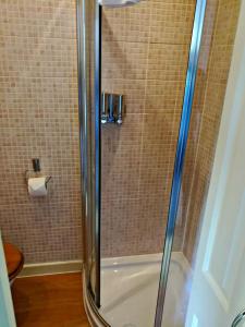 a shower stall with a toilet and a shower curtain at The Lodge On The Loch Onich in Onich
