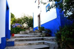 un conjunto de escaleras frente a un edificio azul en Casas Altas Obidos - AL, en Sobral