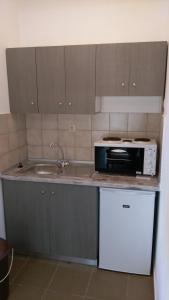 a kitchen with a sink and a microwave on a counter at Zourpos Studios & Apartments in Kalyves