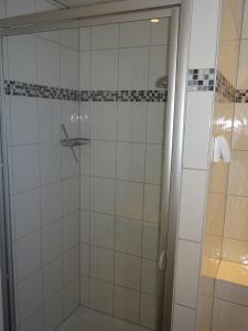 a shower with a glass door in a bathroom at Strandleben 4 in Grömitz