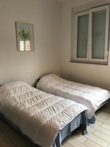 dwa łóżka w pokoju z oknem w obiekcie Les Studines w mieście Roanne