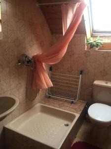 a bathroom with a tub and a toilet and a window at Ilona Panzió in Balatonlelle