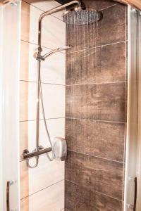 a shower with a shower head in a bathroom at Motel Podmiejski in Pleszew