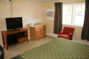 a bedroom with a bed and a tv and a chair at Budget Inn in Luray
