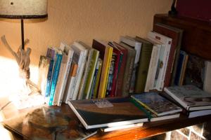 Mas Taniet Hotel Rural في Benissanet: رف كتاب ممتلئ بكتب فوق طاولة