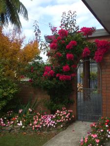 una casa con una puerta llena de flores en Havenlee Homestay, en Westport