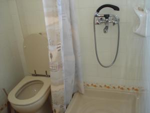 a bathroom with a shower and a toilet and a sink at Popi Hotel Apartments in Agia Marina Nea Kydonias