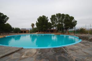 Una gran piscina azul con árboles al fondo. en Alojamientos Rurales los Albardinales, en Tabernas