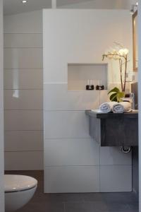 a bathroom with a sink and a toilet at Das kleine Stadtapartment in Burg auf Fehmarn +11 photos