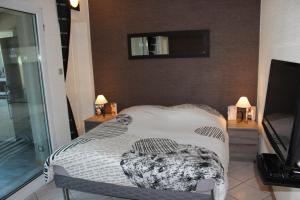 a bedroom with a bed and a window and a television at Gîte David Jacky in Fortschwihr