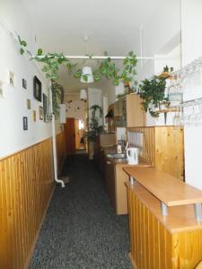 a hallway of a restaurant with a counter and a kitchen at Ubytování u Kováře in Ústí nad Labem