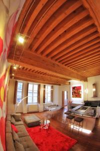 a large living room with a large wooden ceiling at le XVI de la Rose in Lyon