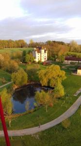 an aerial view of a house and a pond at Logis- Hôtel & Restaurant Le Montligeon in La Chapelle-Montligeon