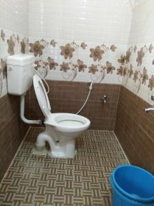 a bathroom with a toilet with a flower pattern on the wall at MSR Lodge in Tirupati