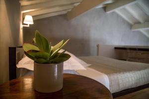 una maceta sentada en una mesa junto a una cama en Talè Restaurant & Suite en Piedimonte Etneo