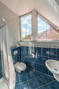 a blue tiled bathroom with a toilet and a sink at Pater Apartments and Rooms in Siófok