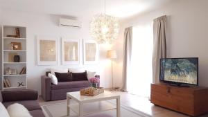 ein Wohnzimmer mit einem Sofa und einem TV in der Unterkunft Skenza's loft 68m2 in Split