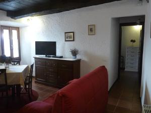 a living room with a red couch and a television at Apartments Cusius and Horta in Orta San Giulio