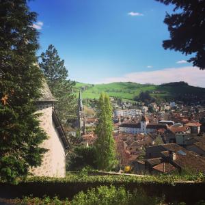een uitzicht op een stad vanaf een heuvel met een kerk bij le bal d'arsène in Aurillac