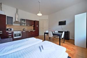 プラハにあるButch Apartmentのベッドルーム1室(ベッド1台付)、キッチン(デスク付)