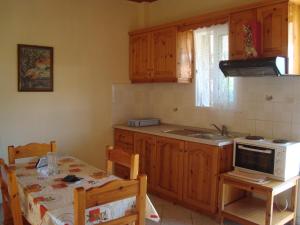 eine Küche mit einem Tisch, einer Spüle und einem Herd in der Unterkunft Olga Apartments in Agios Georgios
