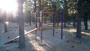 an empty playground in a park with trees at Paralelo 42° Lodge in El Maitén