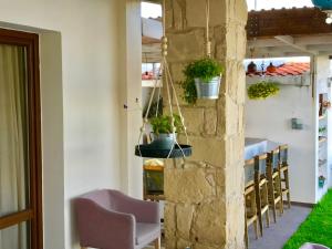 a room with chairs and potted plants on a wall at Villa Grand Zeus in Anoyira