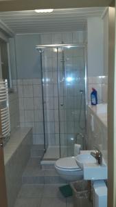 ein Bad mit einer Dusche, einem WC und einem Waschbecken in der Unterkunft Gaestehaus Willis -Monteurzimmervermietung- in Vienenburg